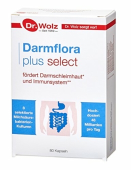 Darmflora plus select Dr. Wolz | hochdosierte Bakterienkulturen 48 Mrd/Tag | Vitamin B6 und B12, unterstützt gesunde Schleimhäute | 8 Milchsäurebakterien | Vegan | 80 Kapseln - 1